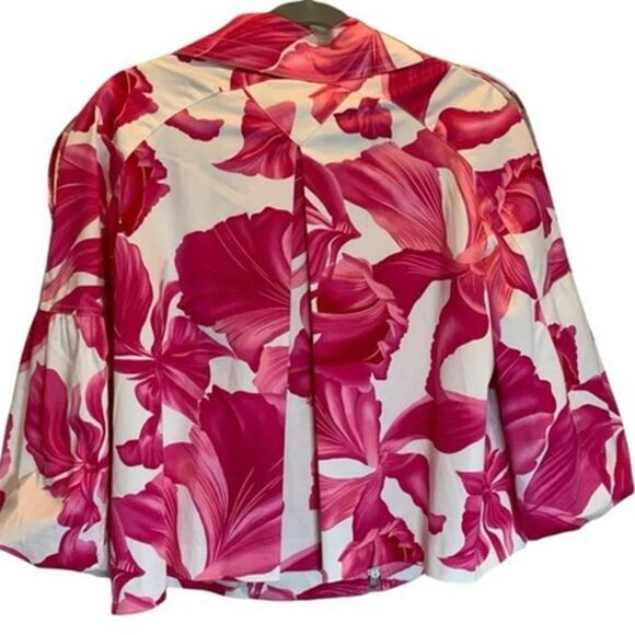 Cache pink and white flower jacket‎ Size L Pleated back RuffLe ballon sleeves - Picture 2 of 9